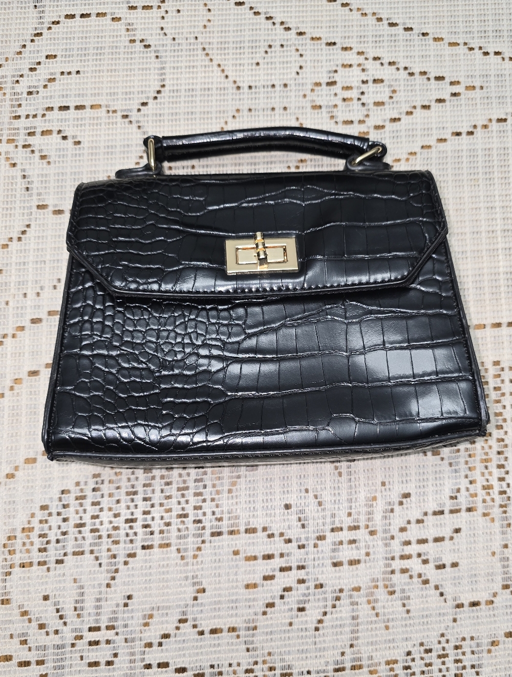Classic Black Croc-Embossed Top-Handle Bag
